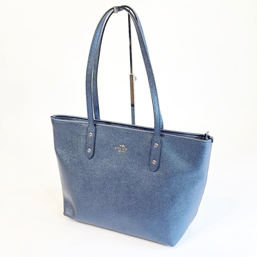 Coach Blue Crossgrain Leather City Zip Tote F16224 - Picture 1 of 8